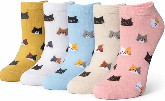Kit 5 Pares Meias Femininas Cano Curto Estampa Gatinhos